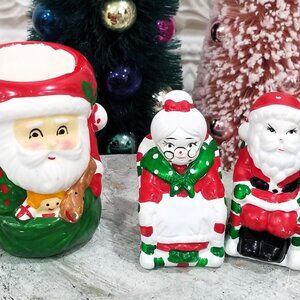 Vintage Santa Figurine Candle Holders Salt Pepper Shakers Mrs. Claus - Hand Pain